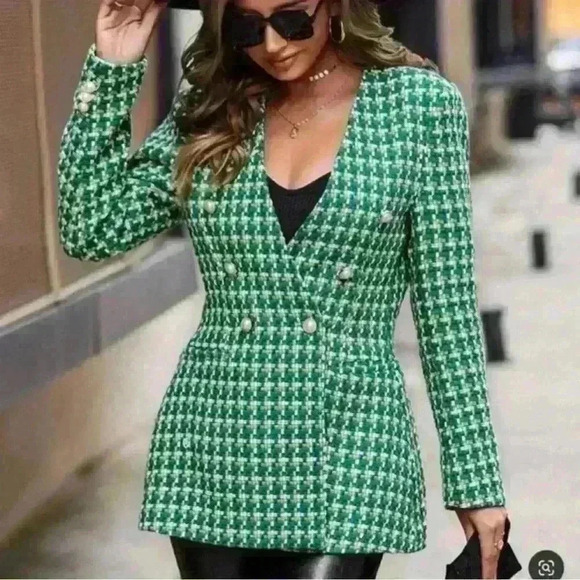Blogger Favorite Green Zara Woven Textured Double Breasted Tweed Blazer Size S - Picture 1 of 13
